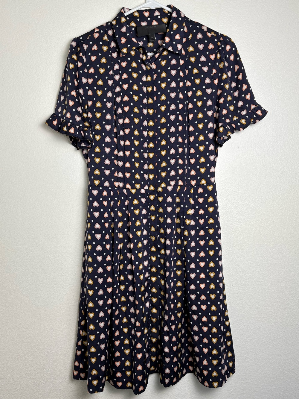 J.Crew Navy Shirt Dress with Pink & Mustard Heart Print Silk Blend Size 8